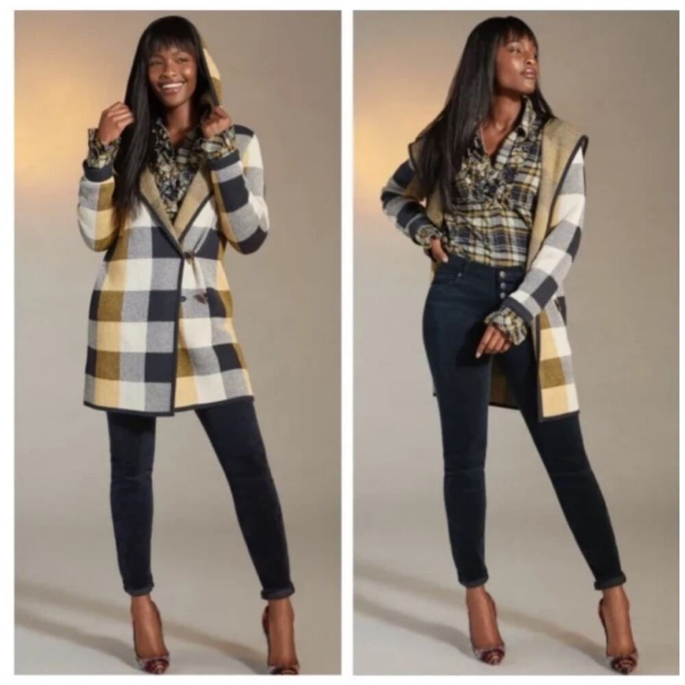 Cabi Women's Sweater Coat Hooded Cardigan Plaid Navy Yellow Size S Style #4229